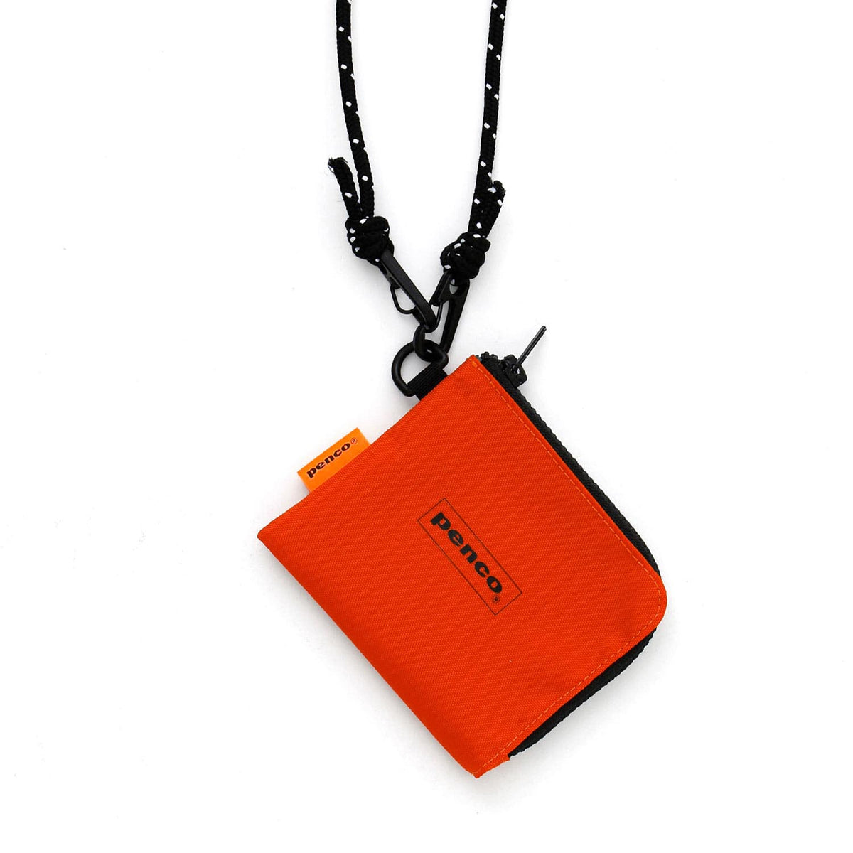Penco L-Zip Purse Arancione agganciato a una tracolla tramite anello laterale