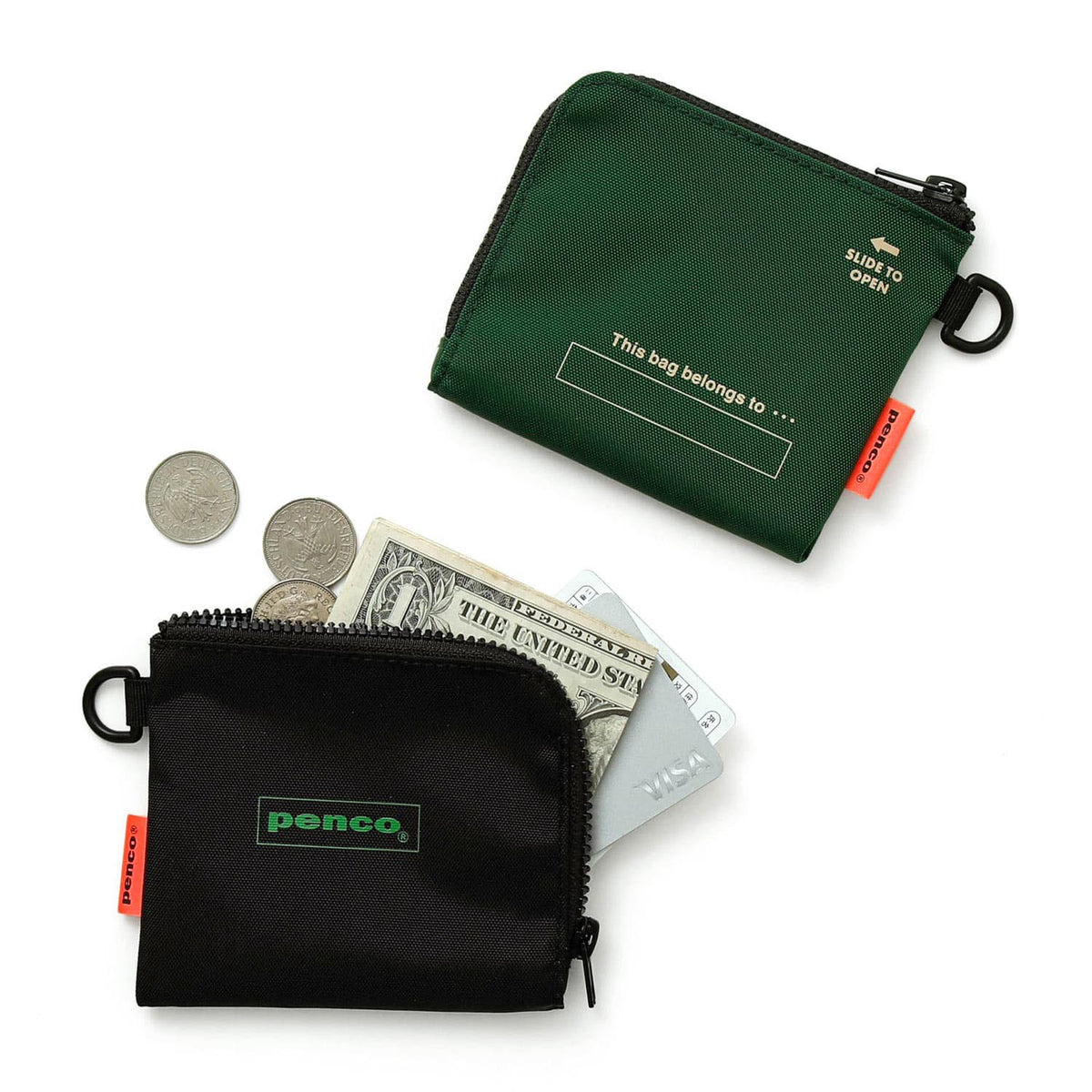 Penco L-Zip Purse Verde scuro aperto con carte, banconote e monete